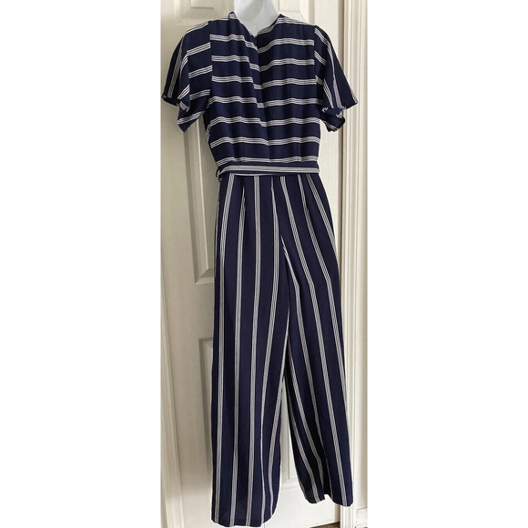 Monteau Los Angeles Sz M Blue White Stripe Casual/Lounge Jumpsuit Slit Wide Leg - Picture 8 of 10
